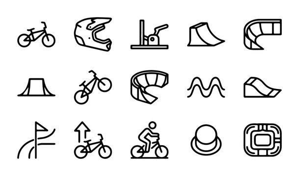 BMX Bike Icons, Extreme Sports Gear, and Obstacle Elements Set
