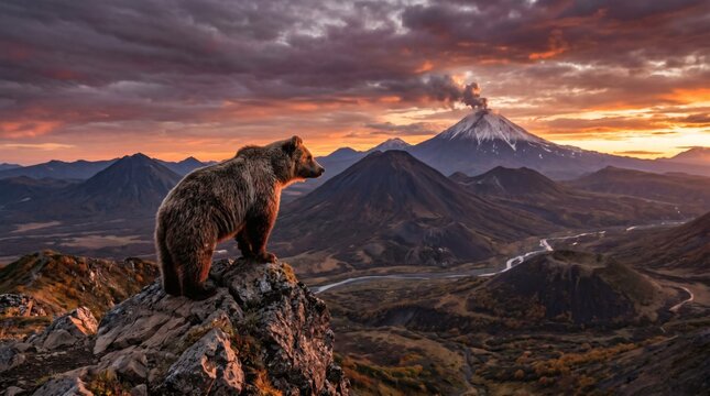 A large brown bear standing on a rocky outcrop overlooking a valley and a volcano