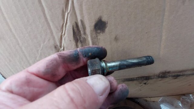 Mechanic showing a dirty grease covered brake caliper guide pin