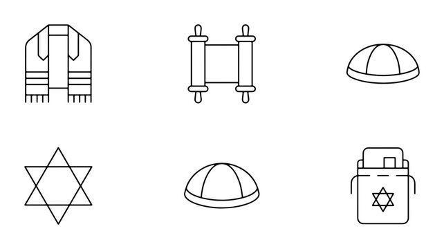 Jewish Symbols Icons Set, Religious Objects Collection, Star of David, Torah Scroll, Prayer Shawl, Kippah, Bag