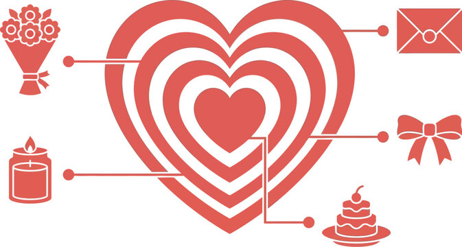 Heart center features radiating layers linked to various icons including flowers, a candle, a bow, a letter, and a small cake.