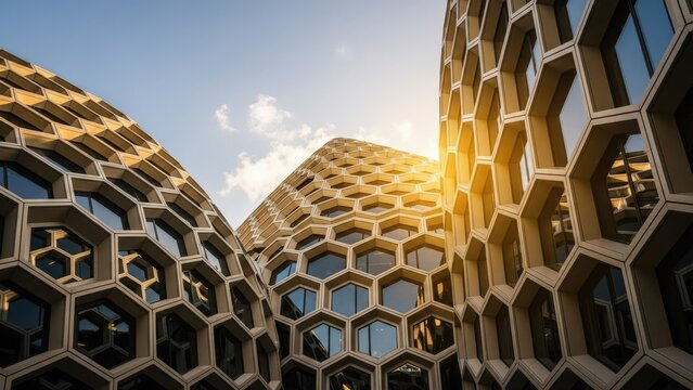 Modern architecture with hexagonal honeycomb facade at sunset
