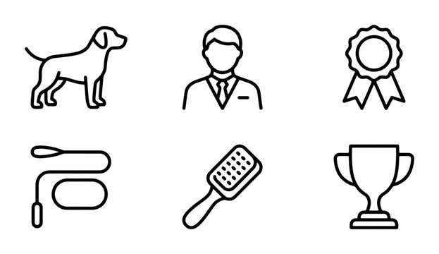 Dog Grooming Icons, Pet Care Symbols, Canine Accessories, Award Badges, Vector Set