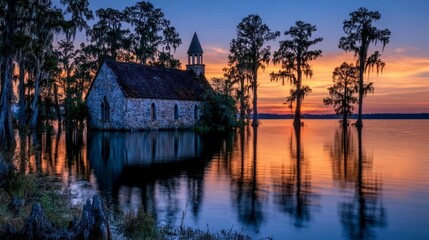Fototapeta premium Abandoned Church Partially Submerged in Flooded Forest at Sunset with Tranquil Water Reflections