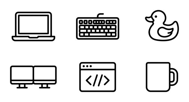 Minimalist Tech Icons: Laptop, Keyboard, Rubber Duck, Monitors, Code, Mug, Vector Set