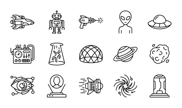 Sci-Fi Icons Set: Spacecraft, Robots, Aliens, Planets, Futuristic Technology Vector Graphics