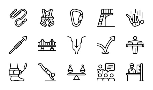 Adventure Sports Icons: Bungee Jumping, Climbing, Diving, Extreme Activities Vector Set