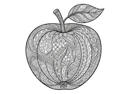 An intricately patterned apple illustration is displayed on a white background. The apple is densely covered in swirling, ornamental lines, creating a complex and detailed design.