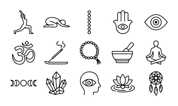 Spiritual Symbols Vector Icons: Yoga, Om, Hamsa, Eye, Crystals, Lotus, Dreamcatcher