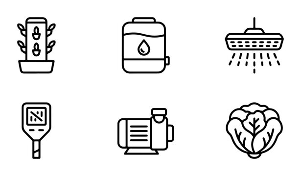 Hydroponic Farming Icons: Vertical Garden, Water Tank, Grow Light, Meter, Pump, Lettuce