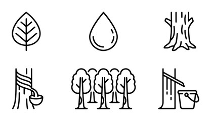 Rubber Tree Icons: Leaf, Water Drop, Bark, Tapping, Forest, Collection Vector Set © Salma
