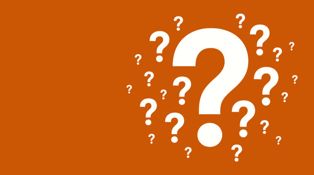 A large question mark is surrounded by smaller question marks on a solid orange background.