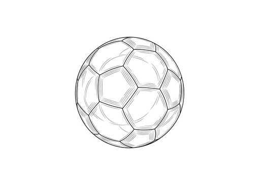A soccer ball is depicted in a black and white line drawing against a white background. The ball is rendered with detailed pentagonal and hexagonal panels, showcasing its textured surface.