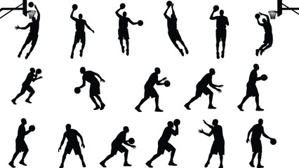 Large set of professional basketball players silhouettes in action, demonstrating dribbling, shooting, jumping, and dunking poses, black flat vector illustration, cad drawing © Rajbala