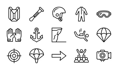 Extreme Sports Icons Vector Set: Parachute, Helmet, Gloves, Camera, Target, Anchor © Imtiaz