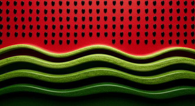 Textured close-up of watermelon slice with black seed pattern and wavy green rind layers, symbolizing summer freshness and refreshment