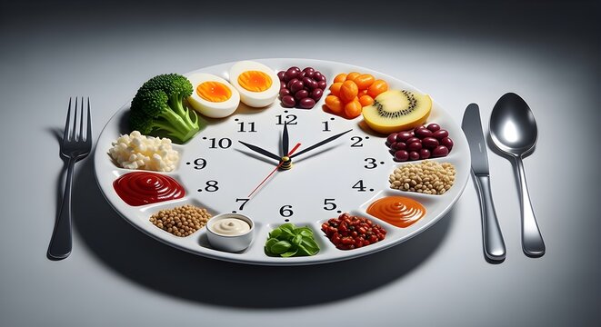 Healthy Meal Clock Plate with Fruits and Grains for Diet Schedule, Meal Timing, Nutrition Education, Wellness Campaign and Food Planning Design