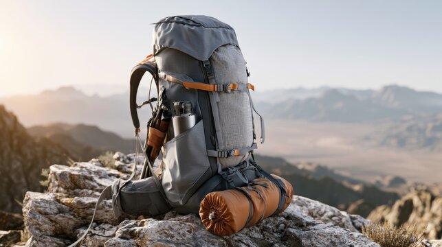 Backpack perched on rocky summit, sunrise glow rolled sleeping pad attached, trekking pole secured, panoramic valley below, warm golden light, rugged textures, mood of anticipation and quiet solitude.