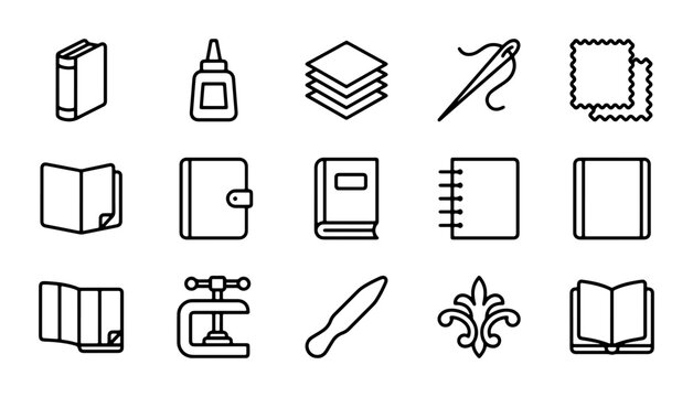 Crafting Icons Set: Sewing, Paper, Bookbinding, Stationery, and DIY Supplies Vector Graphics