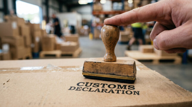 Customs declaration stamp, cardboard box, shipping label, warehouse background
