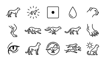 Cheetah Icon Set, Wild Animal Vector Graphics, Speed and Agility Symbols, Black and White Line Art © Imtiaz