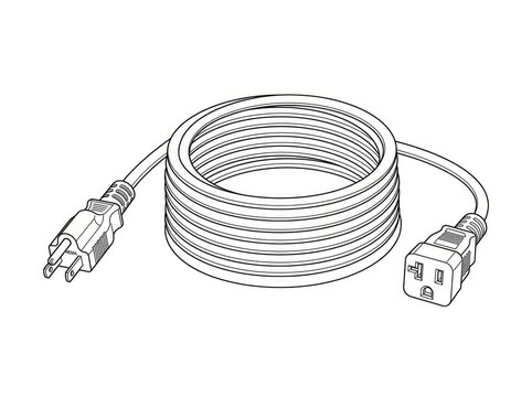A coiled electrical extension cord with a plug at one end and a power outlet at the other. The cord is black and appears to be made of plastic.