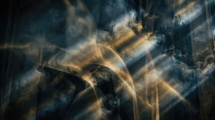 Fototapeta premium Golden light streams through a dark, misty space, illuminating a dragon's silhouette. The dragon's form is partially obscured by swirling smoke and dust, creating a dramatic and ethereal effect.