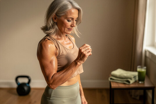 Fit mature woman checking smart ring wearable for fitness tracking and longevity biohacking