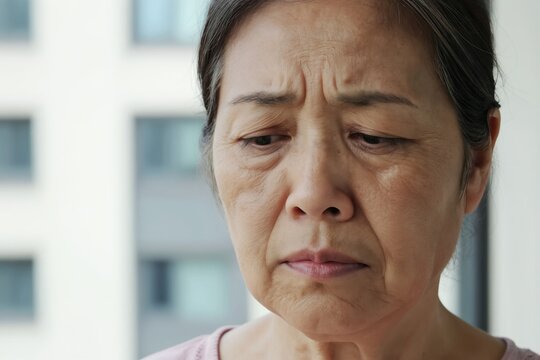 Elderly Asian woman shows sad worried expression. Her wrinkled face conveys deep sorrow and deep life troubles. She looks down with heavy heart and troubled mind.