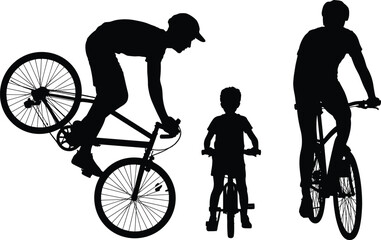 Fototapeta premium Diverse set of cyclist silhouettes featuring a stunt rider, a child on a bicycle, and an adult riding isolated on white background