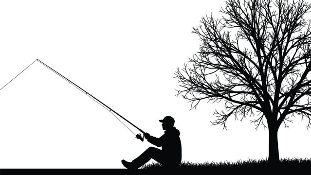 Silhouette of a lone man fishing peacefully by a lake or river, seated under a bare winter tree, patiently waiting for a bite, outdoor recreation vector illustration.