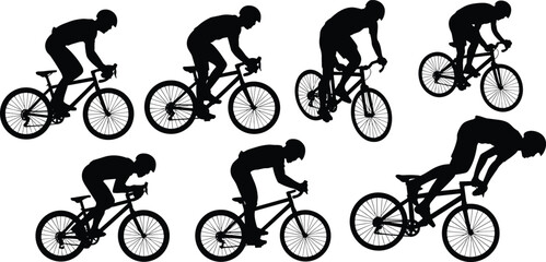 Fototapeta premium Set of professional road bike cyclist silhouettes in aerodynamic racing positions and speed tuck poses isolated on white background