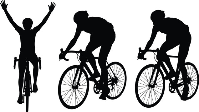 Set of professional road bike cyclist silhouettes in racing pose and celebrating victory isolated on white background for sports design