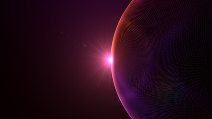 Abstract digital planet surface formed by glowing orange particle grid. Radiant sunrise flare emerging over curved sphere horizon on dark background. Close-up of solar eclipse sphere futuristic ©  Seamless Loop