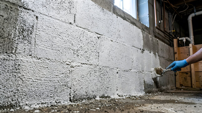 Worker Applying White Waterproofing Sealant to Basement Concrete Block Wall | DIY Home Improvement and Foundation Repair Project | Moisture Protection and Damp Proofing Interior Walls | Masonry Paint