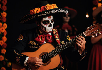 Obraz premium Man with skull face paint plays guitar in traditional Mexican attire. Festive celebration features mariachi music and vibrant floral decorations. Holiday honors remembrance and cultural heritage.