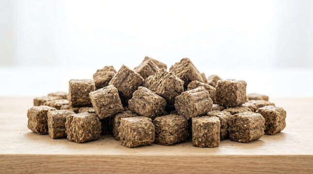 Compressed alfalfa hay cubes piled on wooden board in studio