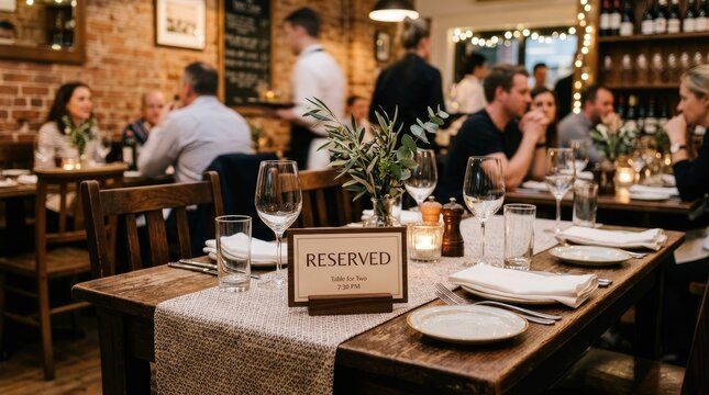 A warmly lit restaurant interior shows a table for two, reserved for a couple. The table is decorated with a burlap runner, a small wooden sign reading "RESERVED", and elegant glassware.