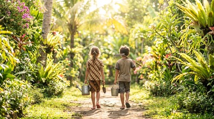Obraz premium Two Indonesian children walking with gardening tools in tropical garden