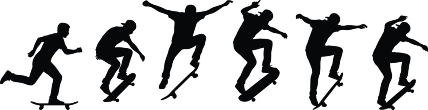 Skateboarder Silhouette Set Performing Kickflip and Ollie Tricks in Motion, Extreme Sports Action Poses, CAD Drawing Flat Vector Illustration for Urban Skateboarding Design
