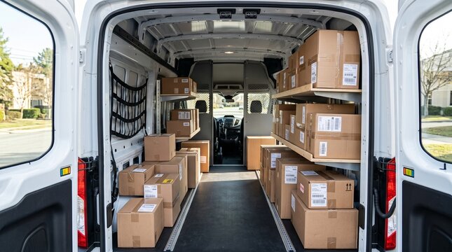 Interior of delivery van loaded with packages for last mile shipping