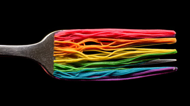 Rainbow shoelace strands threaded across fork tines creating colorful layered spectrum bite sized texture and playful composition with black