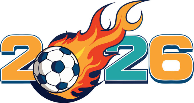 World cup soccer championship 2026 logo design with flaming football and colorful numeric digits.