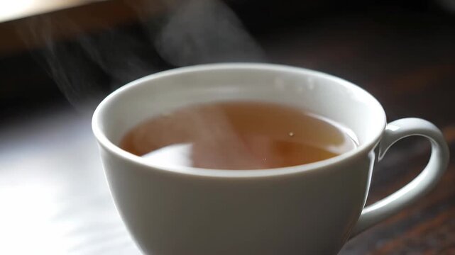 Steaming white teacup with drinks, steaming hot teacup