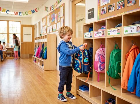 Young boy hanging backpack in kindergarten classroom cubby area
