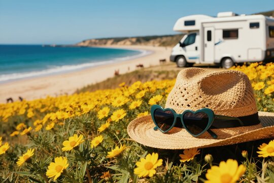 Straw hat with sunglasses rests among yellow flowers near camper van on beach. Ocean waves crash on shore in background. Sunny day perfect for road trip vacation.