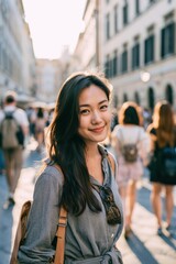 Fototapeta premium Wandering With Wonder — An Asian Tourist Exploring the City