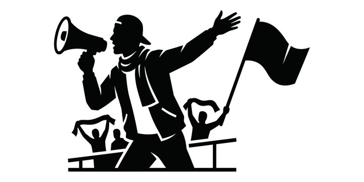 Empowering silhouette of a rally speaker engaging a passionate crowd with a megaphone and raised hands