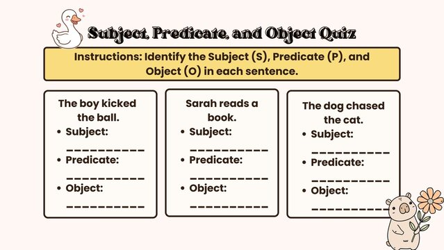 Educational Worksheet for Mastering English Sentence Structure Identifying Subjects, Predicates, and Objects