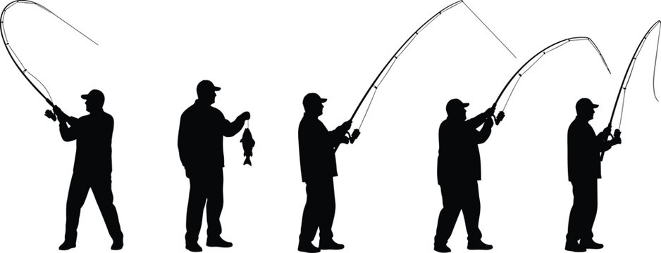 Vector Silhouette Set Showing Different Stages of a Fisherman Hooking, Fighting, Casting, and Holding a Fresh Catch, Sport and Leisure Activity, Outdoors.